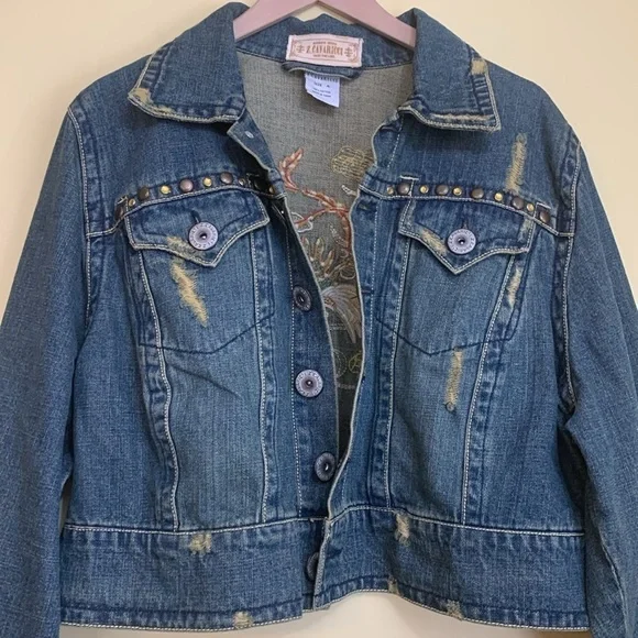 Z. Cavaricci Y2K Denim Blue Jean Bird Embroidery Distressed Button Down Jacket 4 - Picture 4 of 17